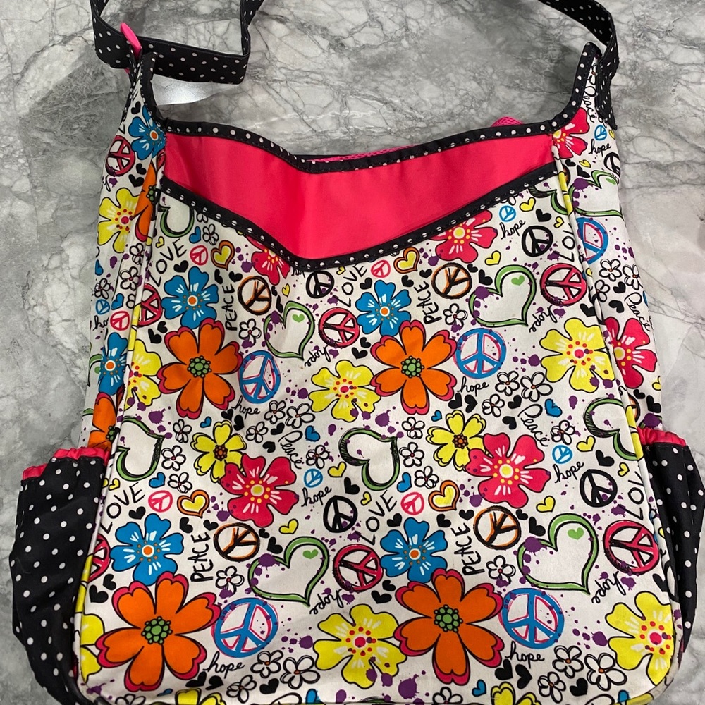 Justice Beach bag w/flowers, hearts, peace, & hope